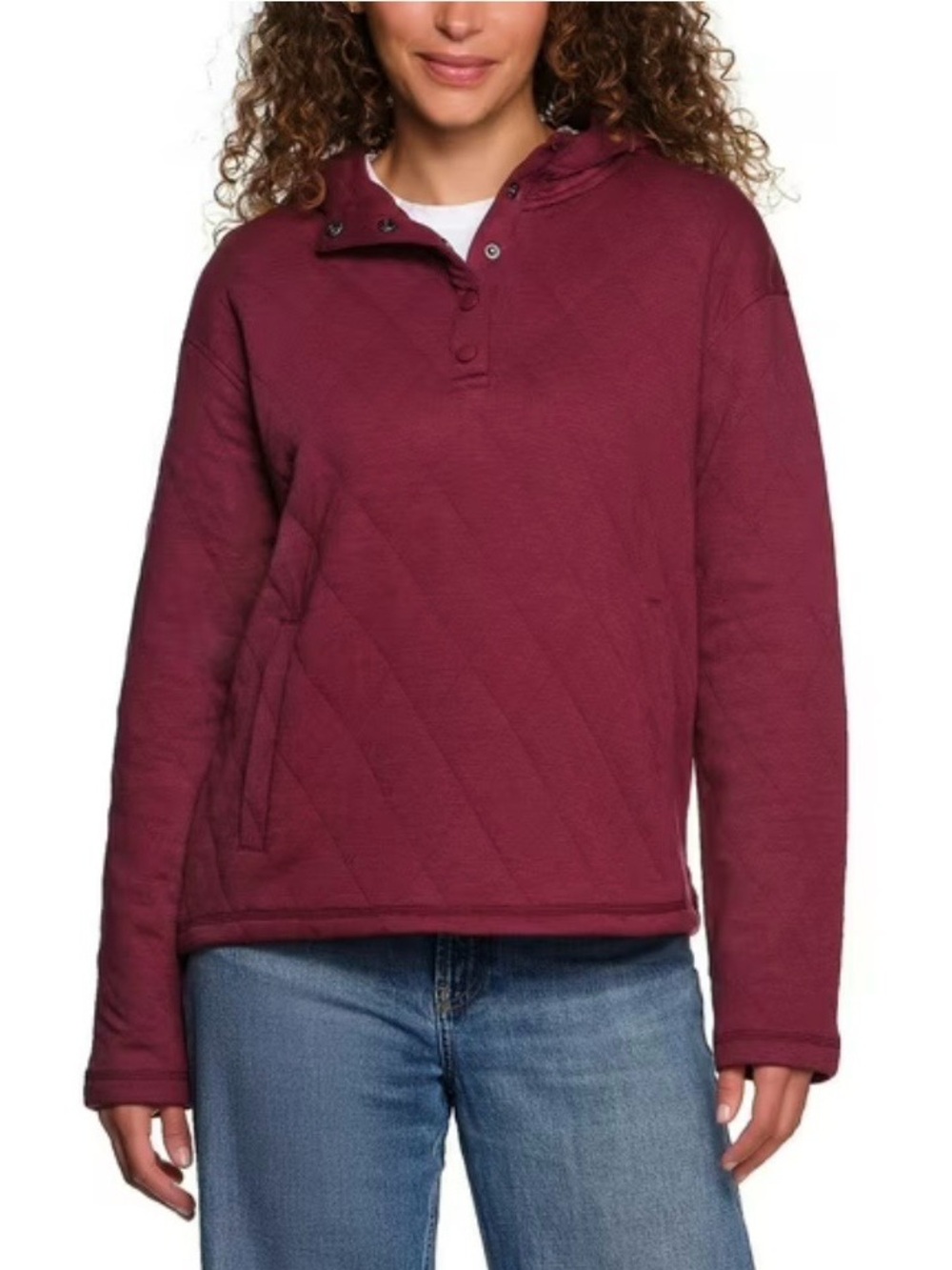 Lands' End Women's Midweight Relaxed Fit Quilted Pullover Hoodie - Burgundy - M